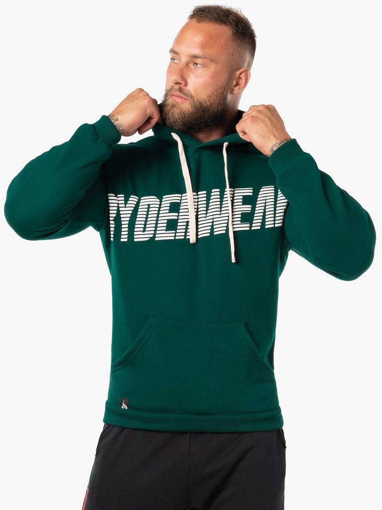 Ryderwear Men Hoodie Block Fleece Pullover Men's Hoodie Forest Green/White | CA2701OR