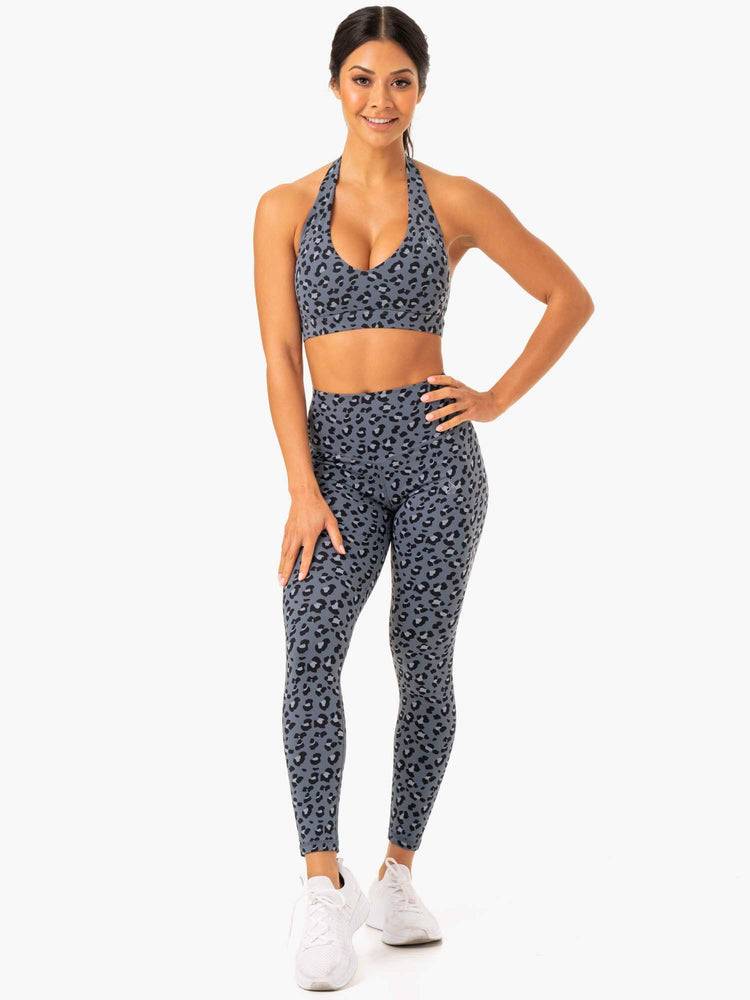 Ryderwear Women Leggings Hybrid Full Length Women's Leggings Steel Blue Leopard | CA2242OR