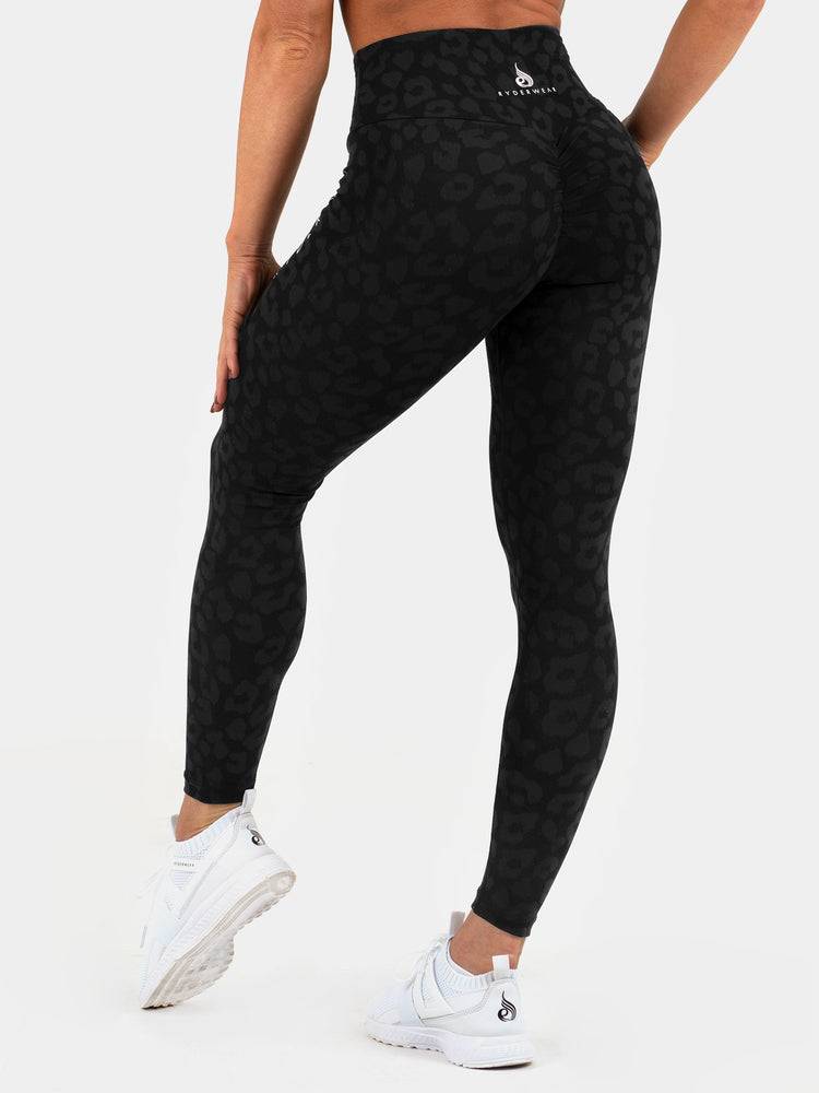 Ryderwear Women Leggings Instinct Scrunch Bum Women\'s Leggings Leopard Black | CA2387JJ