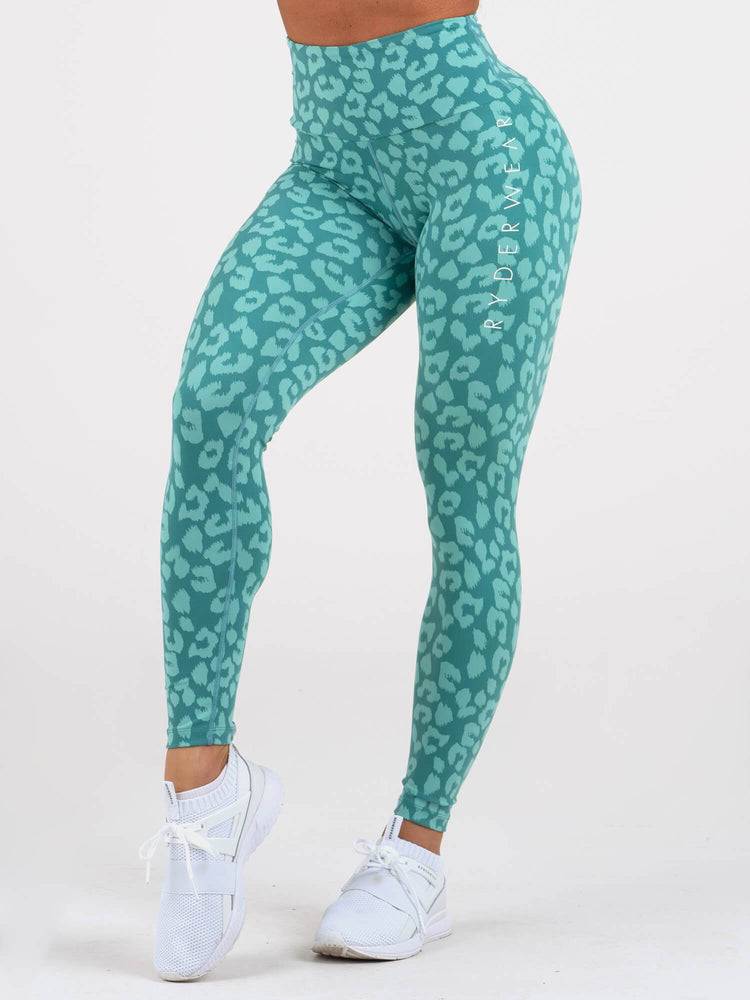 Ryderwear Women Leggings Instinct Scrunch Bum Women's Leggings Leopard Teal | CA2408CE