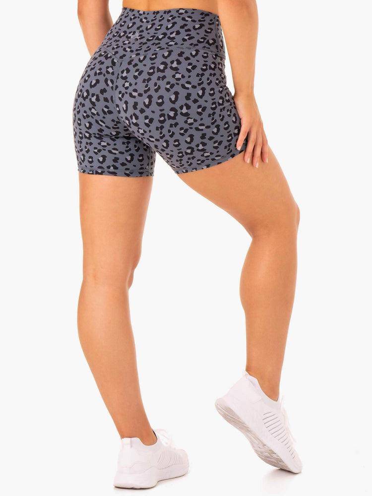 Ryderwear Women Shorts Hybrid Mid Length Women's Shorts Steel Blue Leopard | CA2160TV