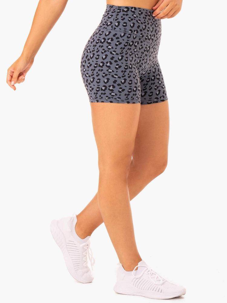 Ryderwear Women Shorts Hybrid Mid Length Women's Shorts Steel Blue Leopard | CA2160TV