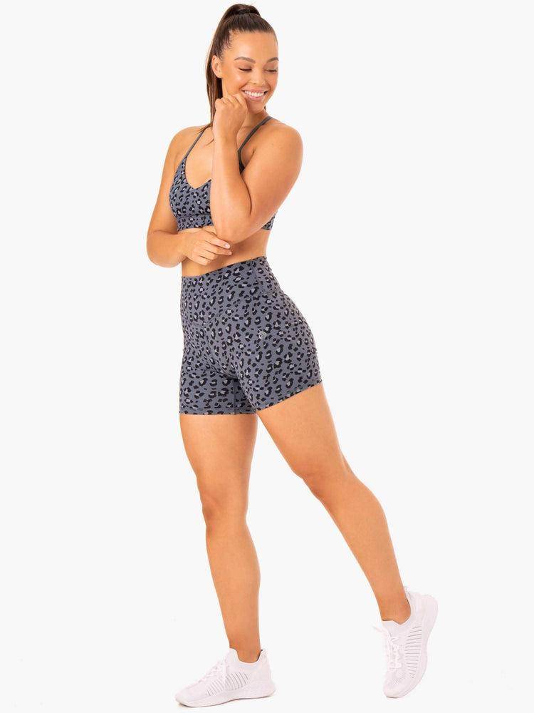 Ryderwear Women Shorts Hybrid Mid Length Women's Shorts Steel Blue Leopard | CA2160TV