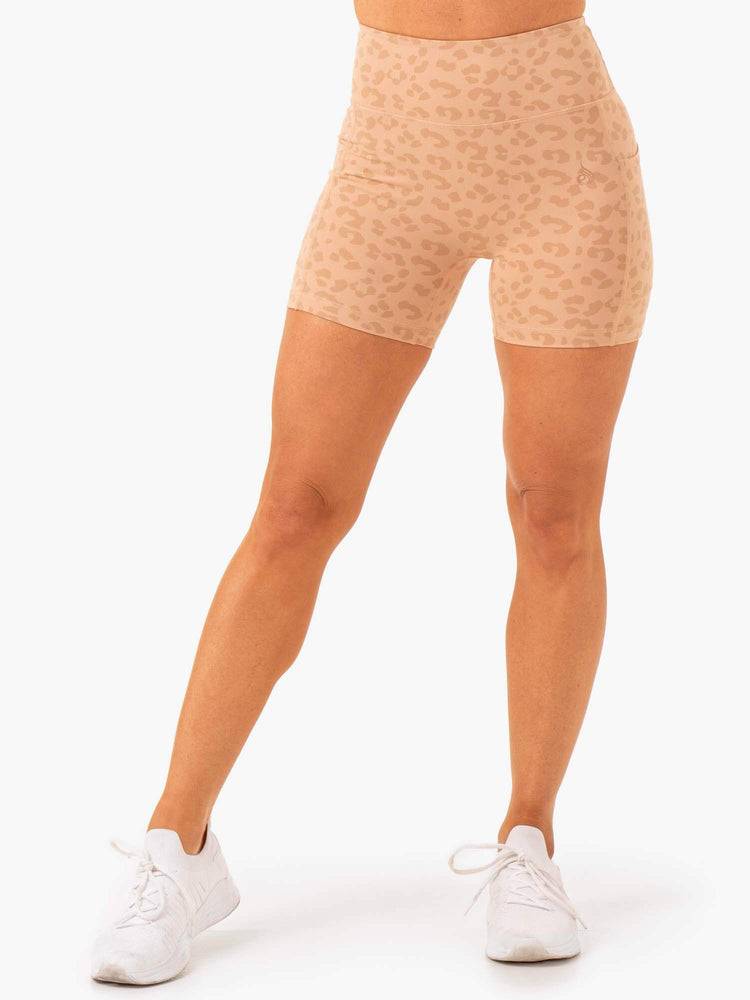 Ryderwear Women Shorts Ultra High Waisted Mid Length Women's Shorts Tan Leopard | CA1991KI