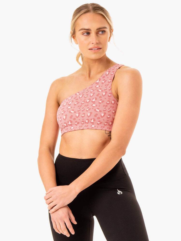 Ryderwear Women Sports Bra Adapt One Shoulder Women\'s Sports Bra Pink Leopard | CA1734XF