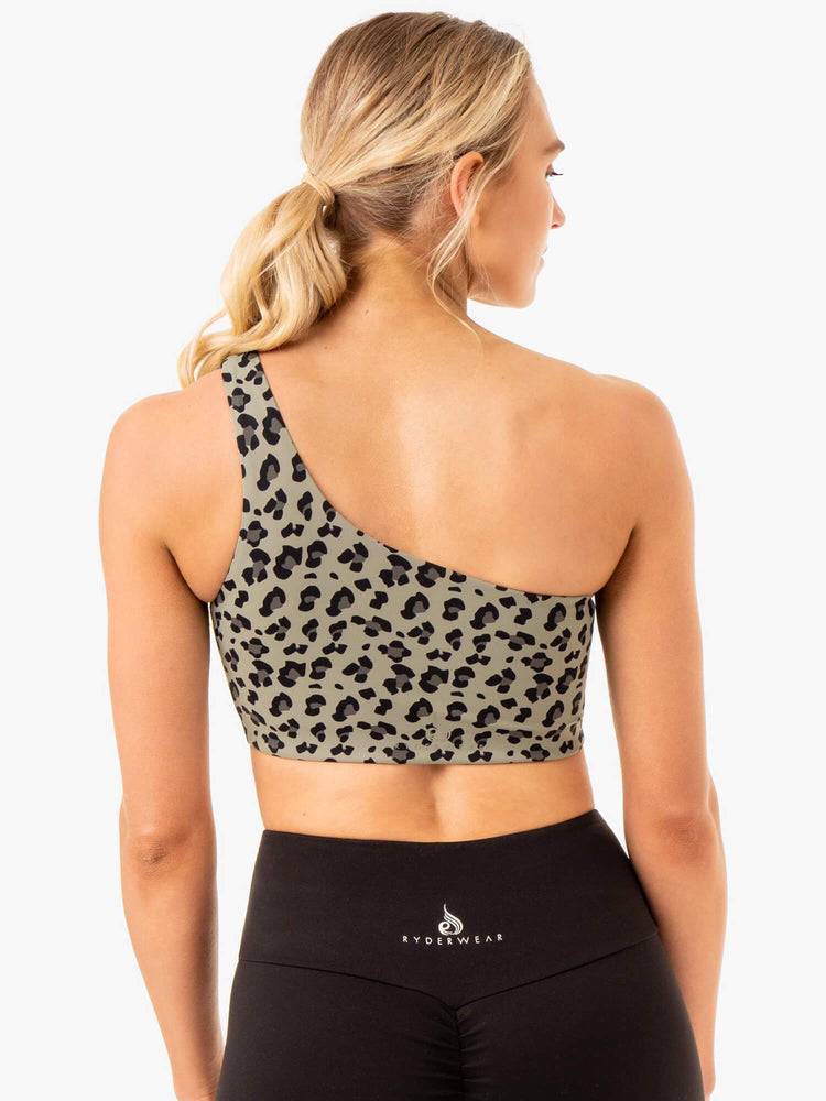 Ryderwear Women Sports Bra Adapt One Shoulder Women's Sports Bra Khaki Leopard | CA1760XF