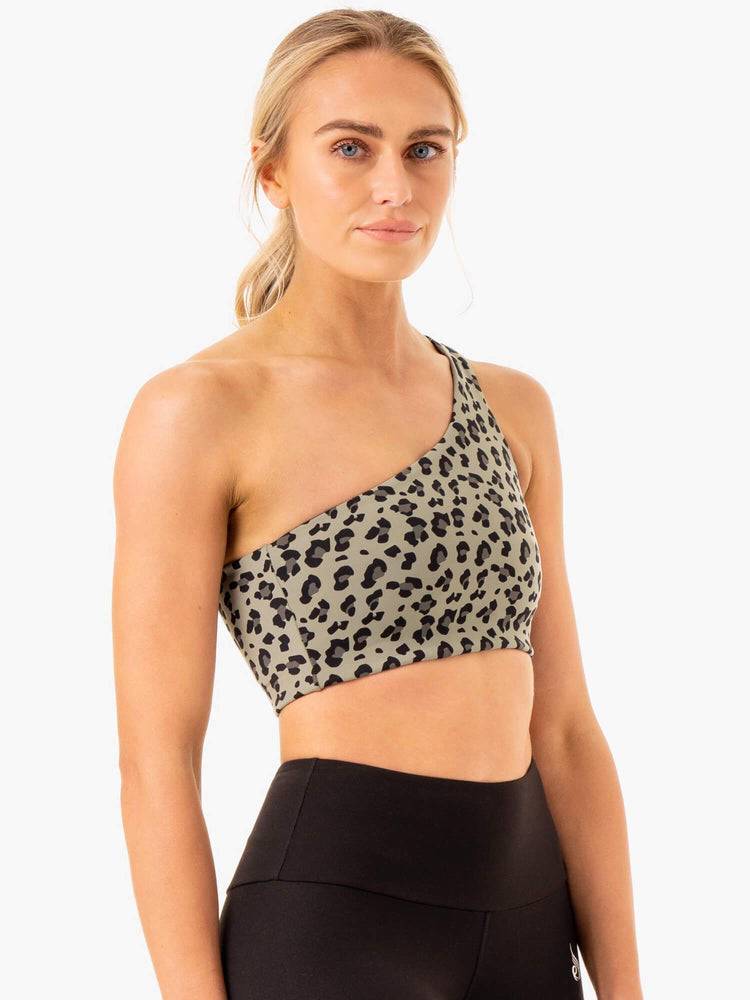 Ryderwear Women Sports Bra Adapt One Shoulder Women's Sports Bra Khaki Leopard | CA1760XF