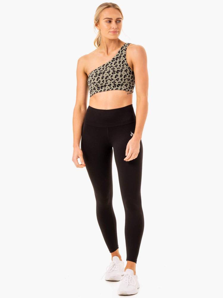 Ryderwear Women Sports Bra Adapt One Shoulder Women's Sports Bra Khaki Leopard | CA1760XF