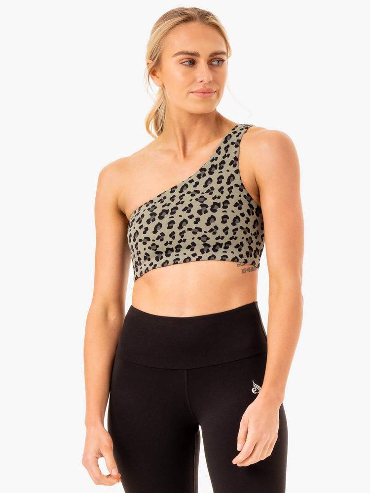 Ryderwear Women Sports Bra Adapt One Shoulder Women\'s Sports Bra Khaki Leopard | CA1760XF