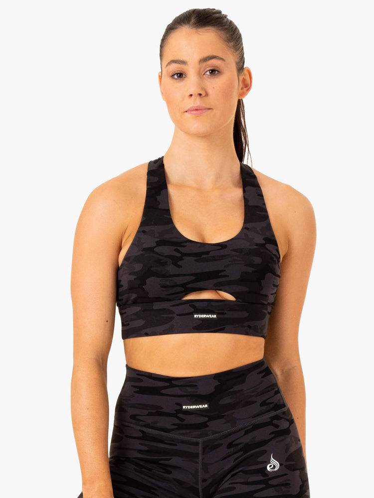 Ryderwear Women Sports Bra Base Racer Back Women's Sports Bra Black Camo | CA1787CE