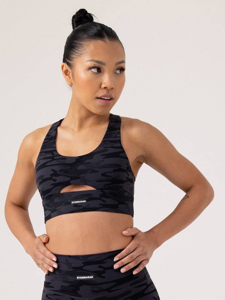 Ryderwear Women Sports Bra Base Racer Back Women\'s Sports Bra Black Camo | CA1787CE