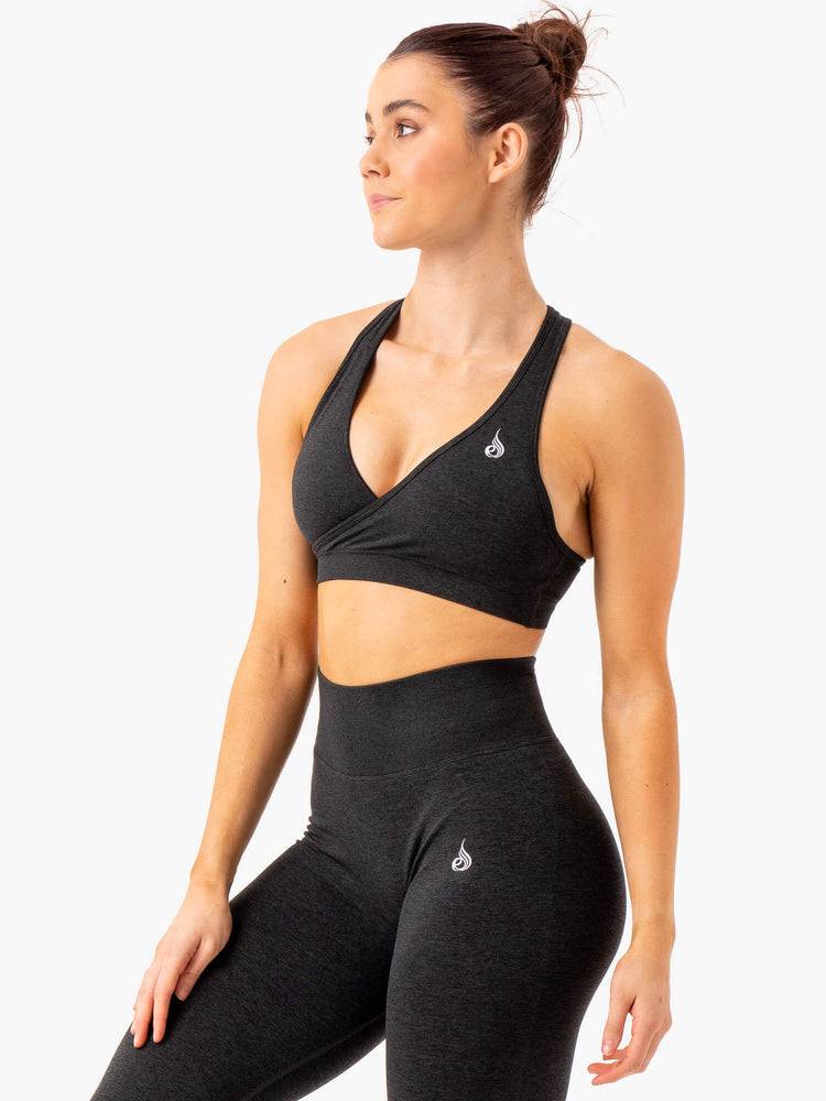 Ryderwear Women Sports Bra Essential Seamless Cross Over Women's Sports Bra Black Marl | CA1839CE