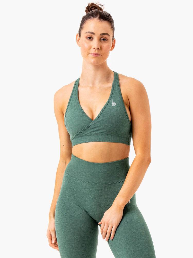 Ryderwear Women Sports Bra Essential Seamless Cross Over Women's Sports Bra Green Marl | CA1885HK