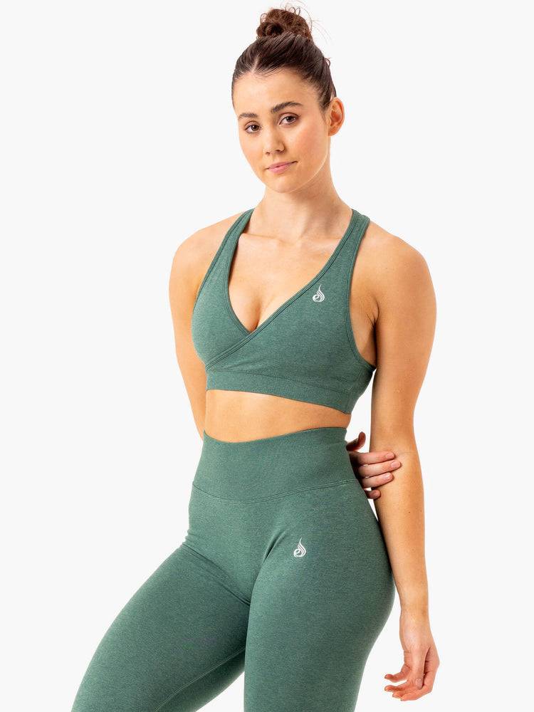 Ryderwear Women Sports Bra Essential Seamless Cross Over Women's Sports Bra Green Marl | CA1885HK