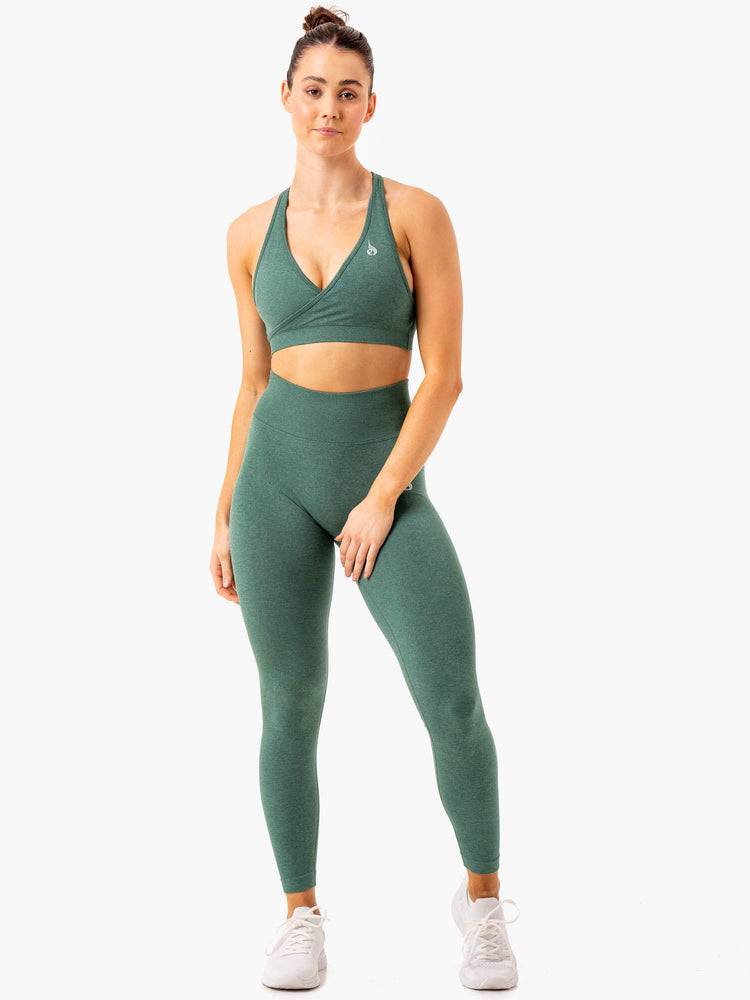 Ryderwear Women Sports Bra Essential Seamless Cross Over Women's Sports Bra Green Marl | CA1885HK