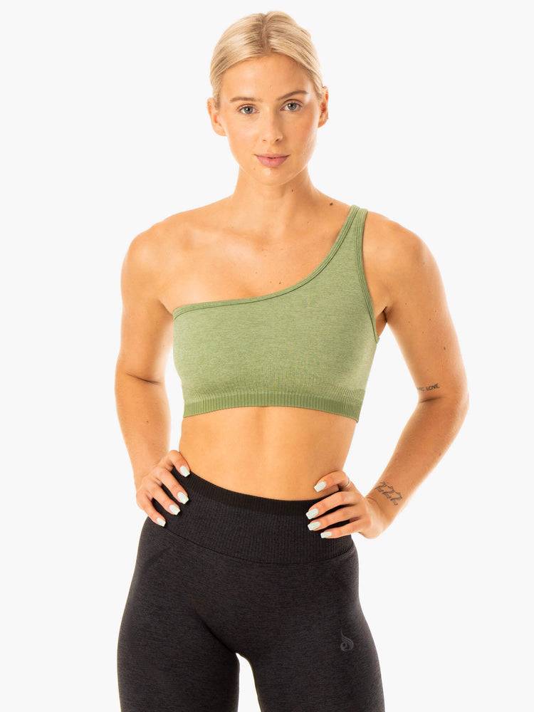 Ryderwear Women Sports Bra Excel Seamless One Shoulder Women's Sports Bra Moss Green Marl | CA1847RW