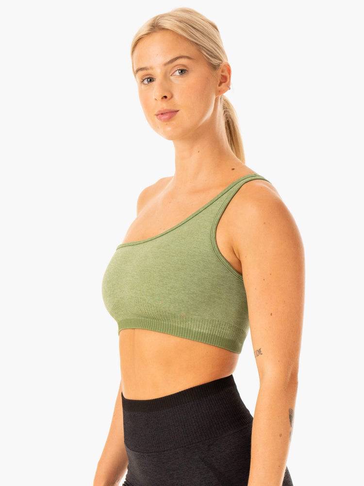 Ryderwear Women Sports Bra Excel Seamless One Shoulder Women's Sports Bra Moss Green Marl | CA1847RW