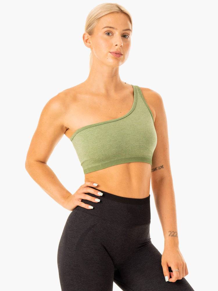 Ryderwear Women Sports Bra Excel Seamless One Shoulder Women's Sports Bra Moss Green Marl | CA1847RW