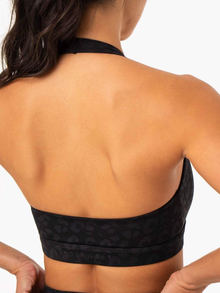 Ryderwear Women Sports Bra Hybrid Halter Women's Sports Bra Black Leopard | CA1620AP