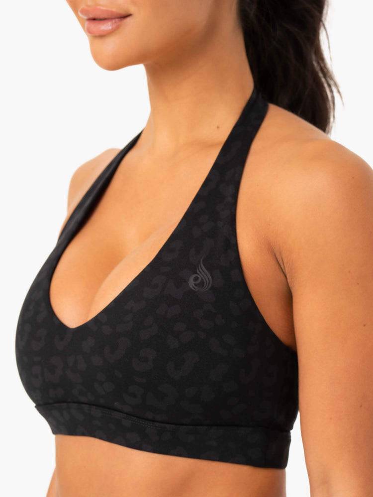 Ryderwear Women Sports Bra Hybrid Halter Women's Sports Bra Black Leopard | CA1620AP