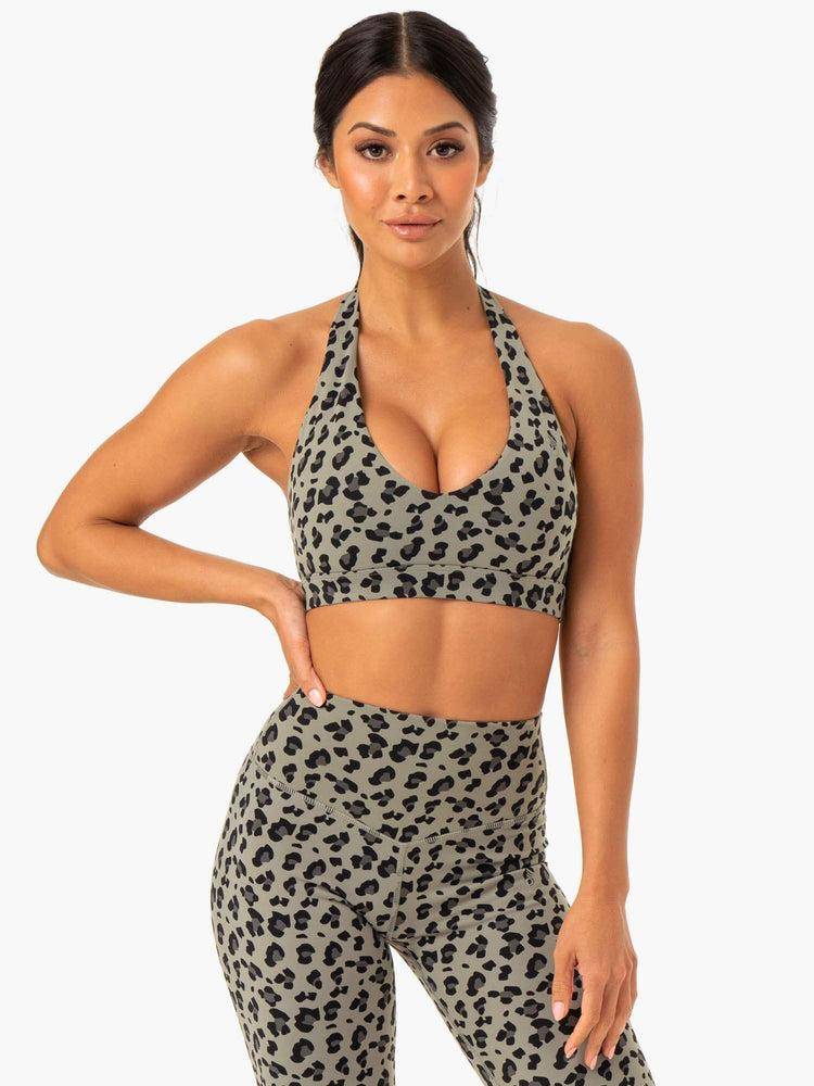 Ryderwear Women Sports Bra Hybrid Halter Women's Sports Bra Khaki Leopard | CA1660NB