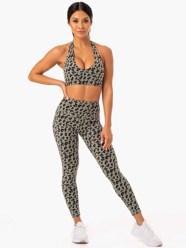 Ryderwear Women Sports Bra Hybrid Halter Women's Sports Bra Khaki Leopard | CA1660NB