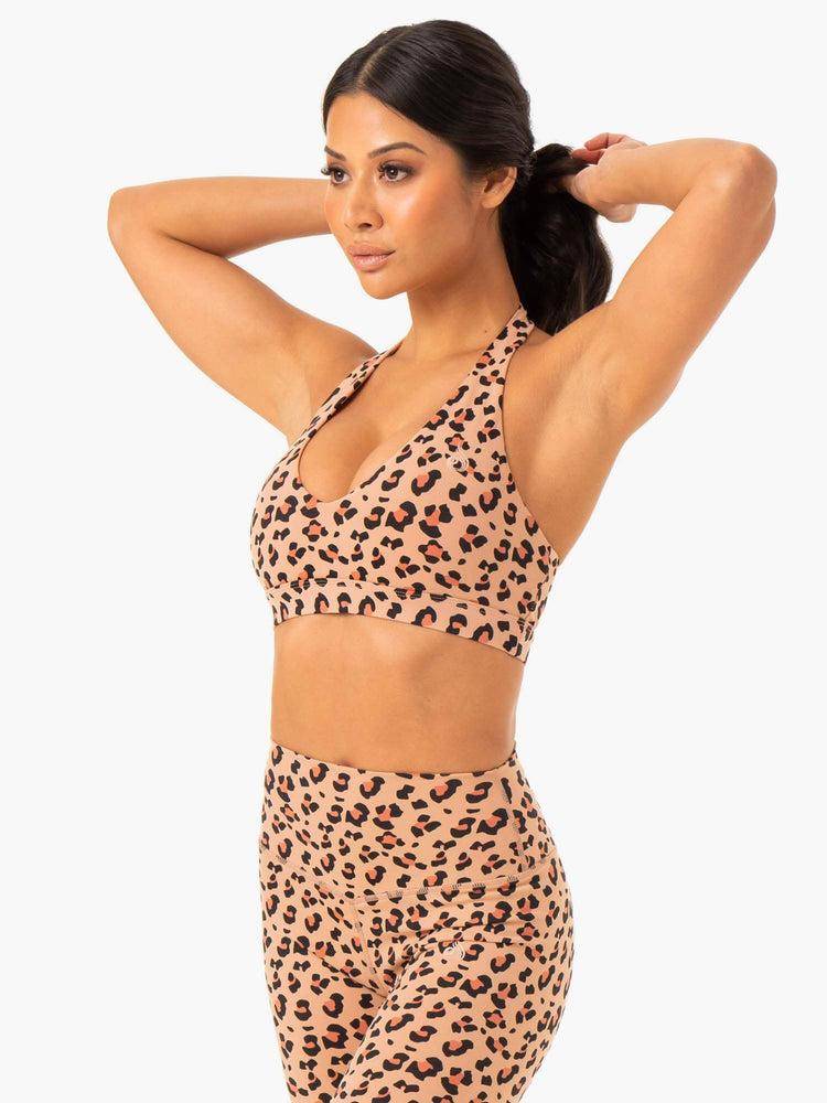 Ryderwear Women Sports Bra Hybrid Halter Women's Sports Bra Tan Leopard | CA1746UT