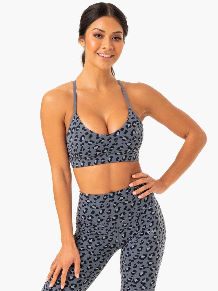 Ryderwear Women Sports Bra Hybrid Women\'s Sports Bra Steel Blue Leopard | CA1692TV