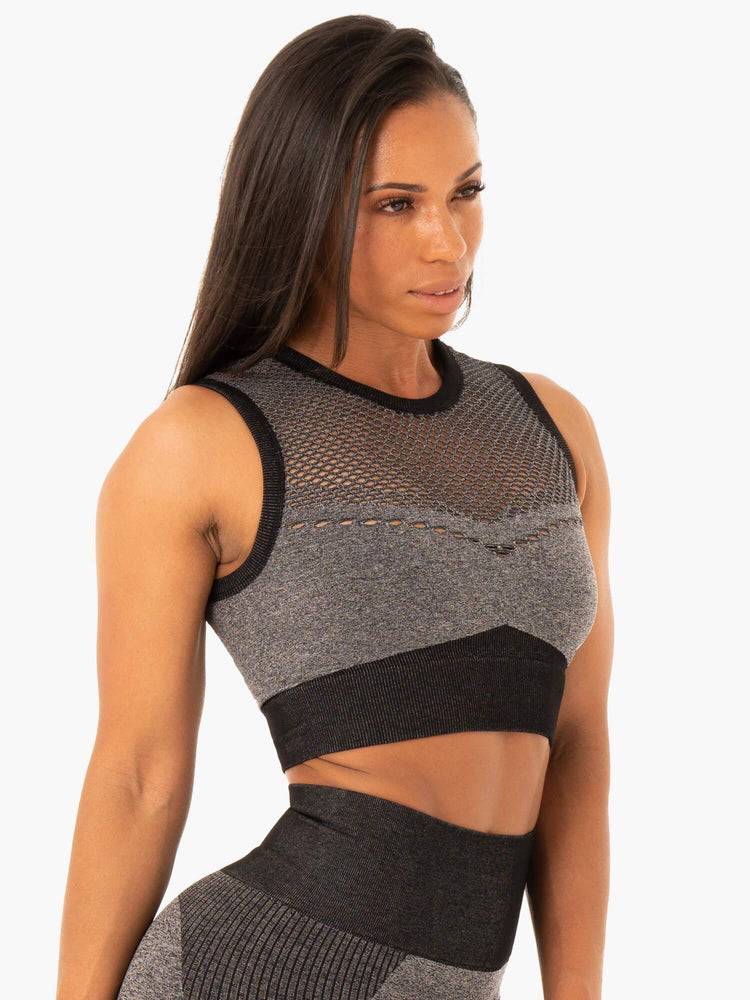 Ryderwear Women Sports Bra Oasis Seamless Crop Top Women's Sports Bra Black Marl | CA1750AP