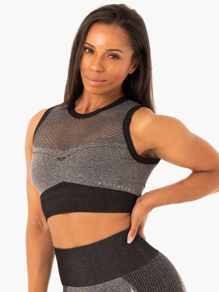 Ryderwear Women Sports Bra Oasis Seamless Crop Top Women\'s Sports Bra Black Marl | CA1750AP