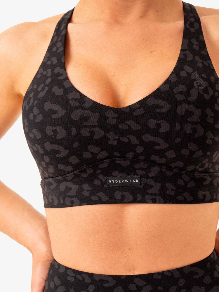 Ryderwear Women Sports Bra Ultra V-Neck Women's Sports Bra Black Leopard | CA1657CE