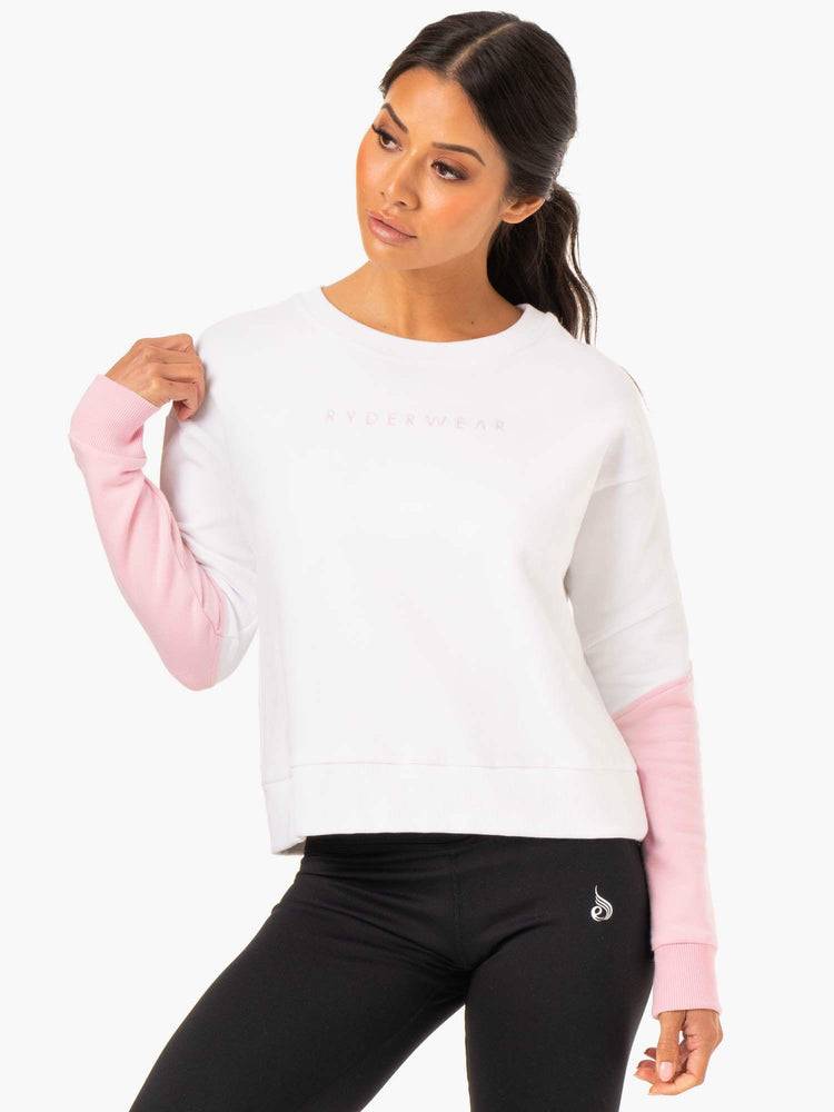 Ryderwear Women Sweaters Hybrid Pullover Jumper Women\'s Sweaters White/Pink | CA1521HK