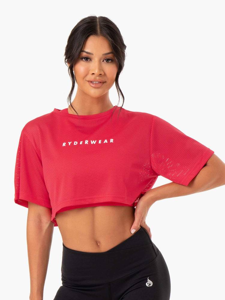 Ryderwear Women T Shirts Amazon Mesh Cropped Tee Women's T Shirts Strawberry Red | CA1456EX