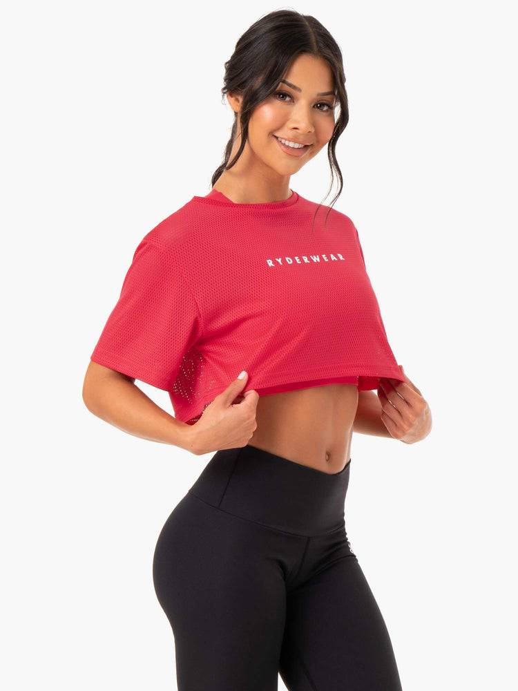 Ryderwear Women T Shirts Amazon Mesh Cropped Tee Women\'s T Shirts Strawberry Red | CA1456EX