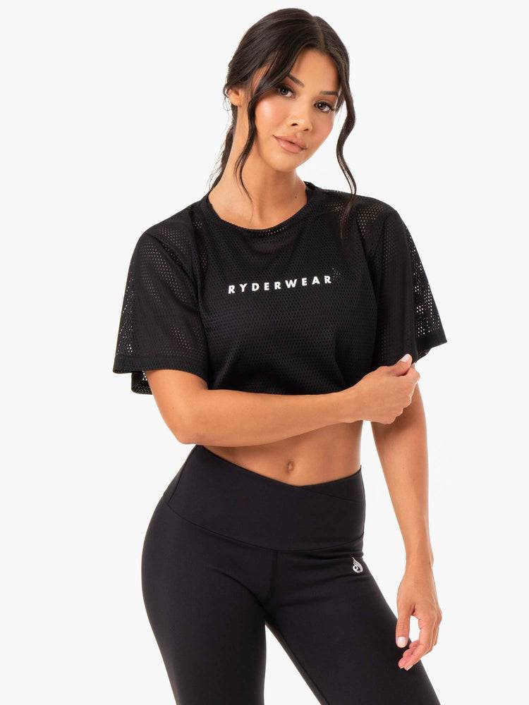 Ryderwear Women T Shirts Amazon Mesh Cropped Tee Women's T Shirts Black | CA1457RW