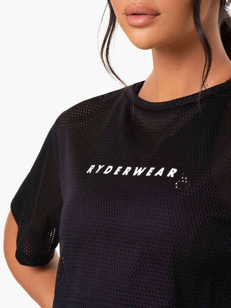 Ryderwear Women T Shirts Amazon Mesh Cropped Tee Women's T Shirts Black | CA1457RW