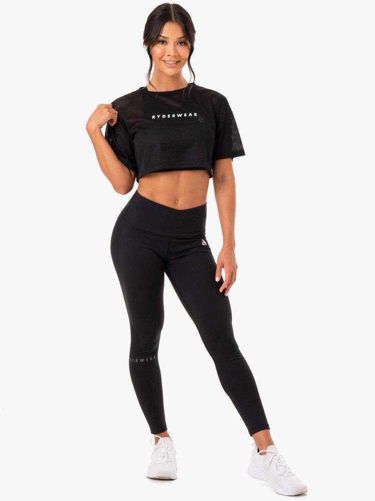 Ryderwear Women T Shirts Amazon Mesh Cropped Tee Women's T Shirts Black | CA1457RW