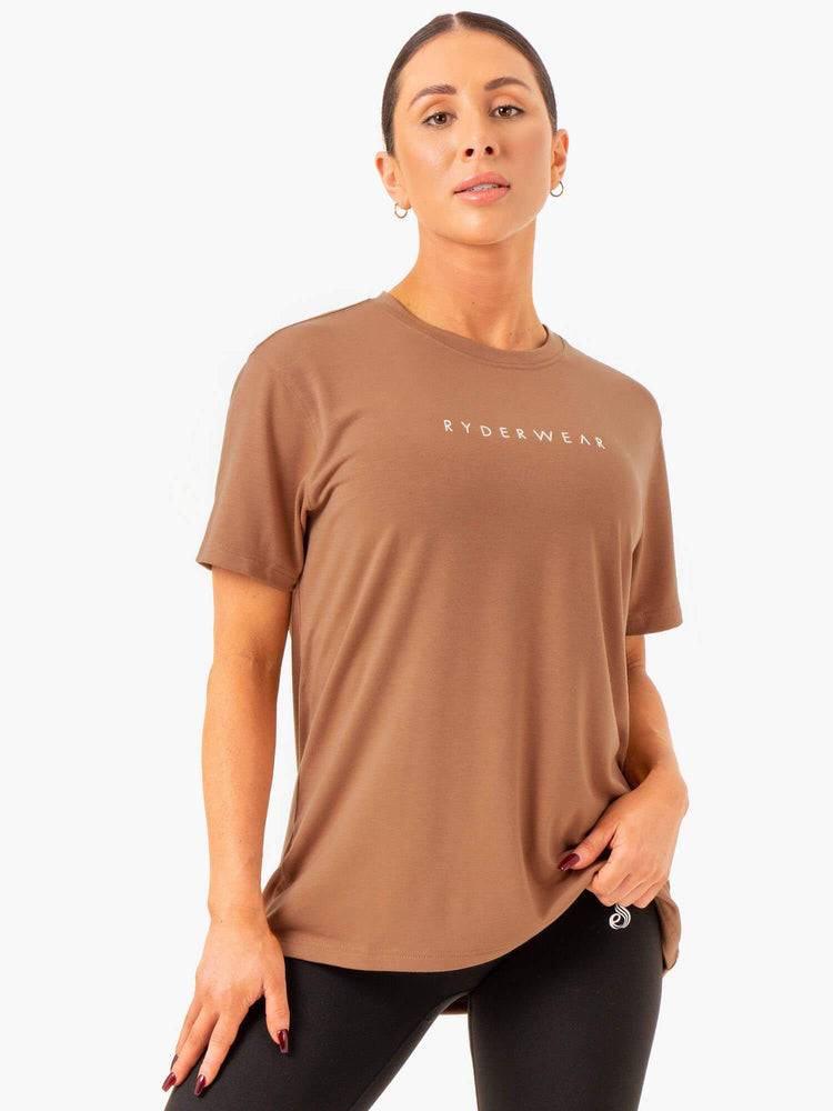 Ryderwear Women T Shirts Boyfriend Longline Women\'s T Shirts Mocha | CA1423CE