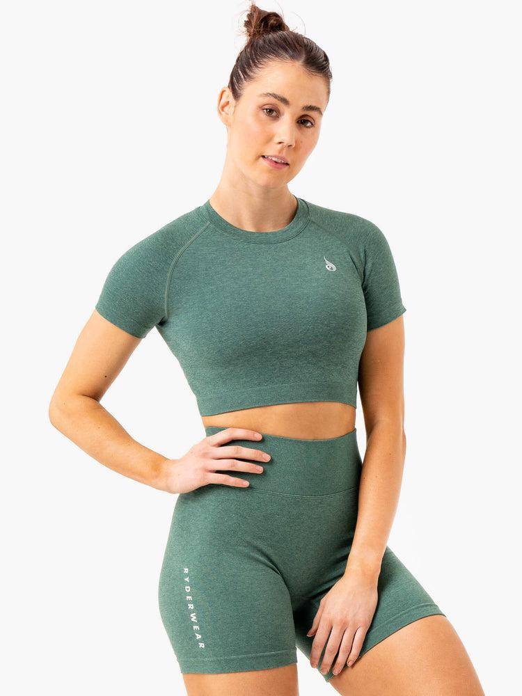 Ryderwear Women T Shirts Essential Seamless Tee Women's T Shirts Green Marl | CA1351WY