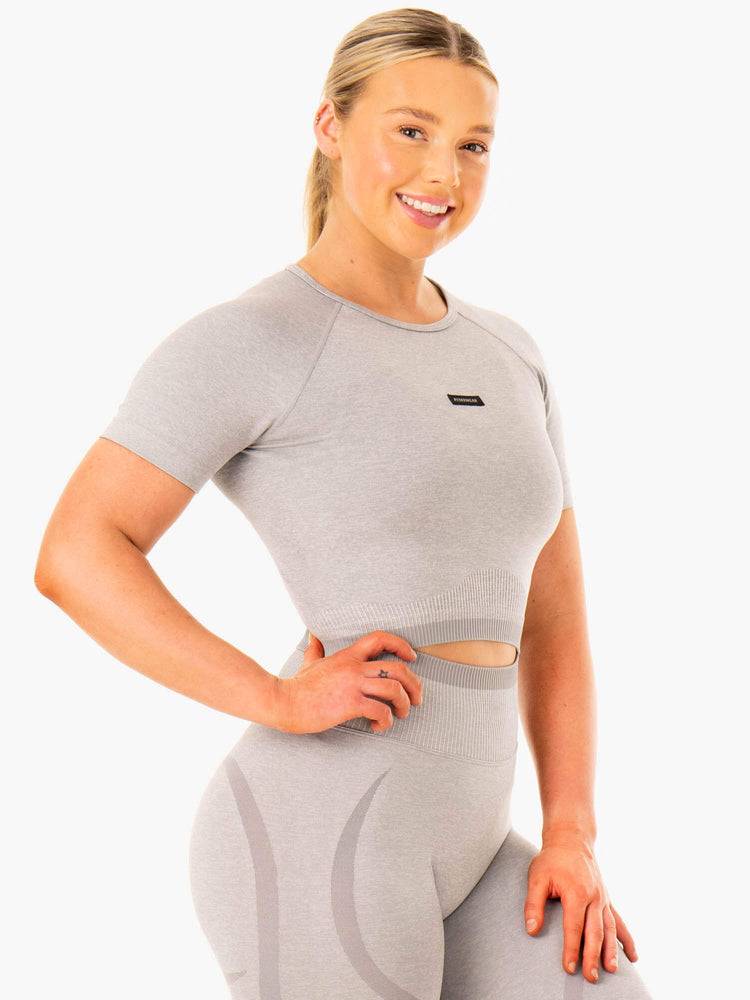 Ryderwear Women T Shirts Excel Seamless Women's T Shirts Grey Marl | CA1399BC