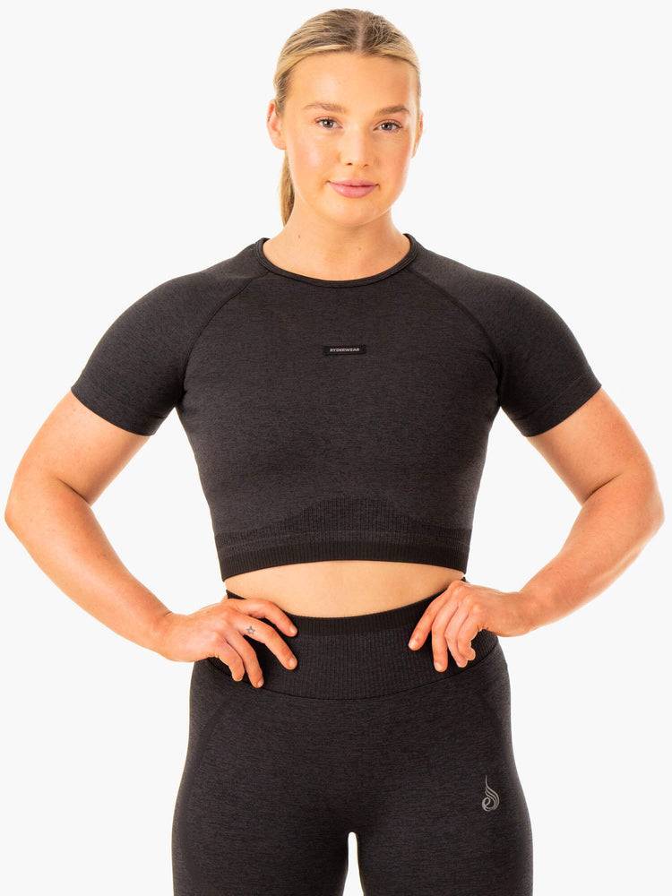 Ryderwear Women T Shirts Excel Seamless Women's T Shirts Black Marl | CA1400NB