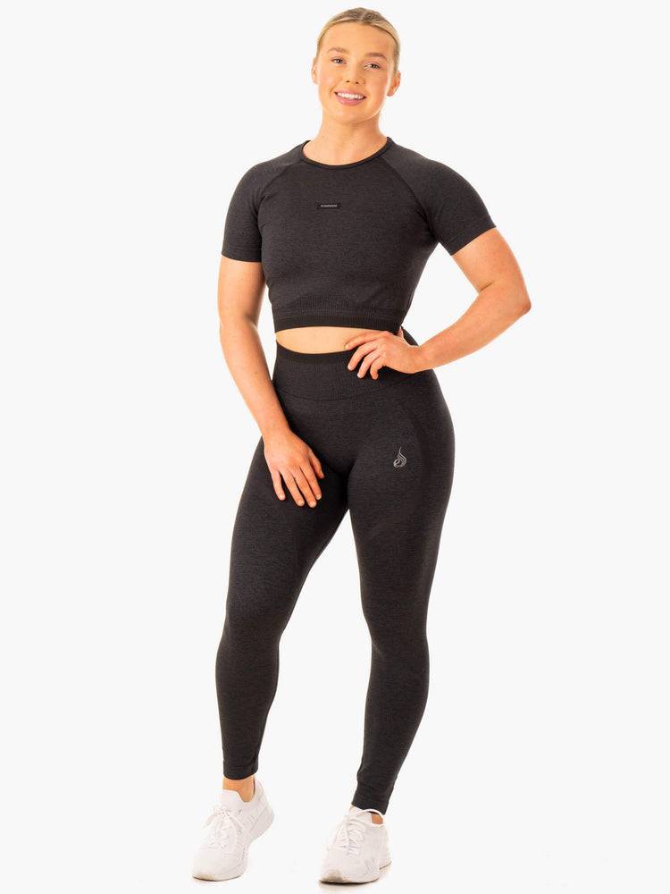 Ryderwear Women T Shirts Excel Seamless Women's T Shirts Black Marl | CA1400NB