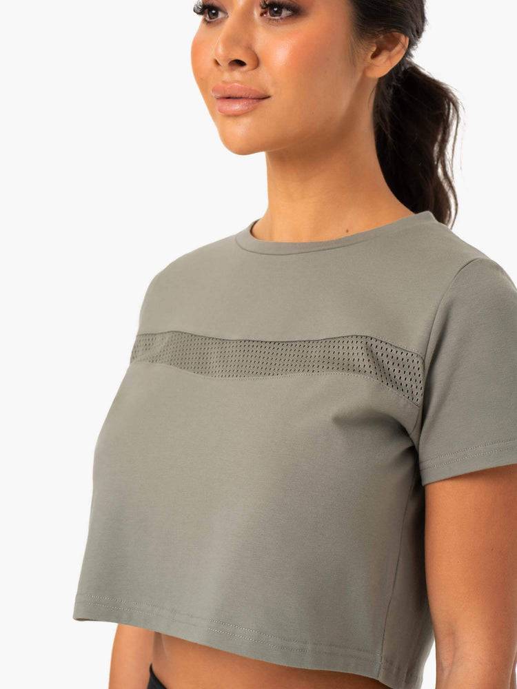 Ryderwear Women T Shirts Hybrid Mesh Tee Women's T Shirts Khaki | CA1443HK