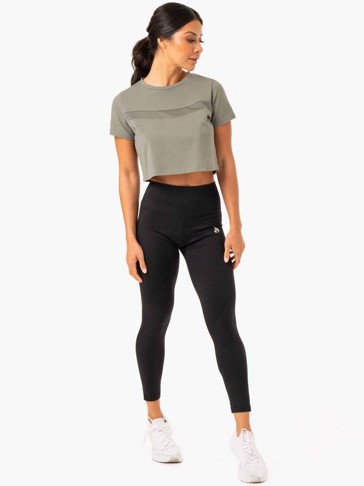 Ryderwear Women T Shirts Hybrid Mesh Tee Women's T Shirts Khaki | CA1443HK