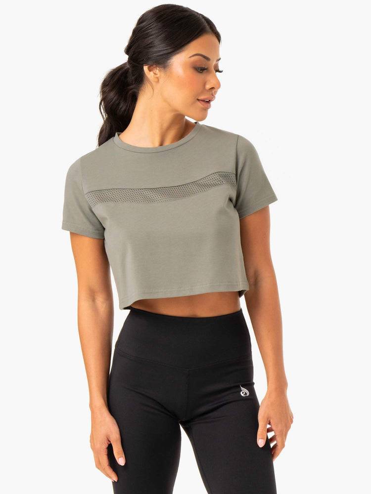 Ryderwear Women T Shirts Hybrid Mesh Tee Women\'s T Shirts Khaki | CA1443HK