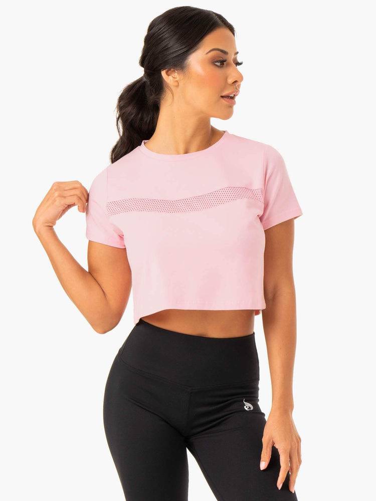 Ryderwear Women T Shirts Hybrid Mesh Tee Women\'s T Shirts Pink | CA1444JJ