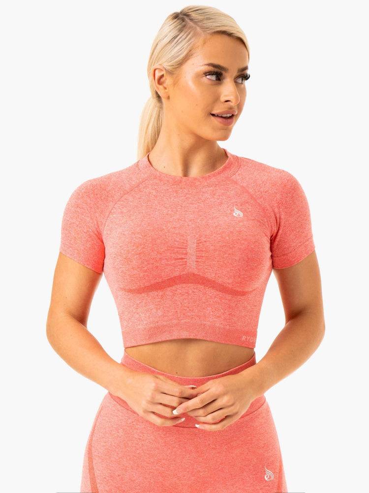 Ryderwear Women T Shirts Sculpt Seamless Women's T Shirts Peach Marl | CA1436OR