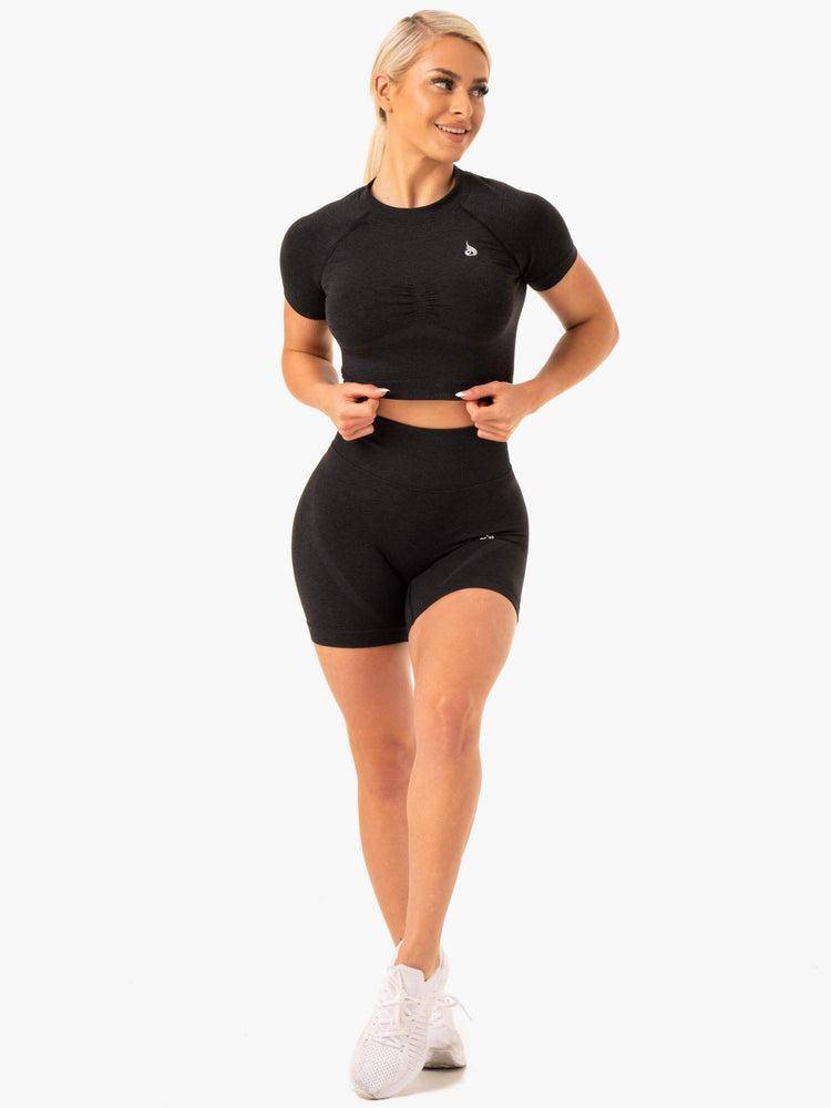 Ryderwear Women T Shirts Sculpt Seamless Women's T Shirts Black Marl | CA1439SO