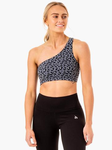 Ryderwear Women Sports Bra Adapt One Shoulder Women's Sports Bra Steel Blue Leopard | CA1736VD