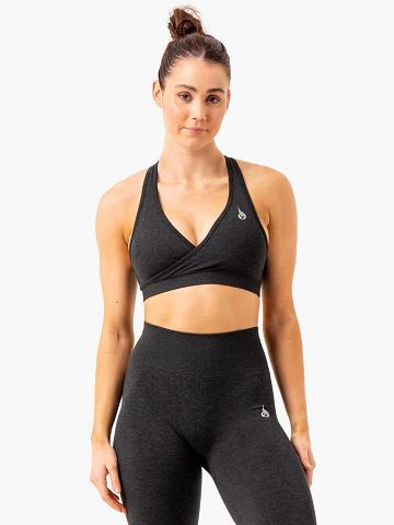 Ryderwear Women Sports Bra Essential Seamless Cross Over Women's Sports Bra Black Marl | CA1839CE